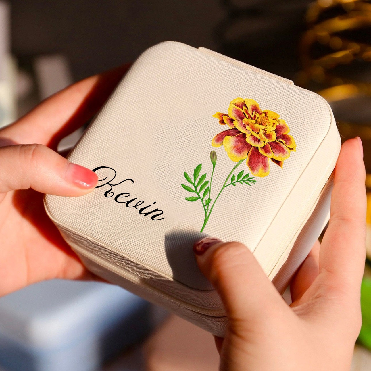 Personalised Birth Flower Jewelry Travel Boxes Case With Name