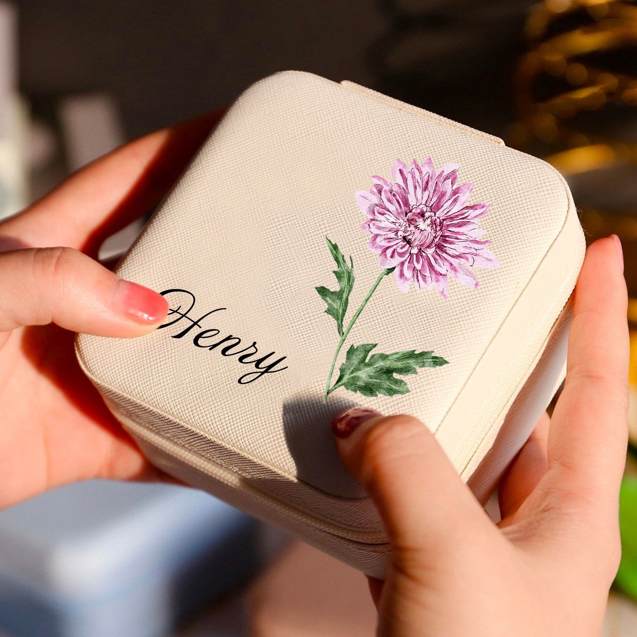 Personalised Birth Flower Jewelry Travel Boxes Case With Name