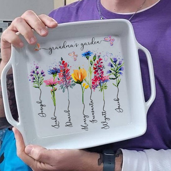 Custom Birth Flower Tray With Grandkids Name Grandma's Garden Mother's Day Christmas Gift Ideas