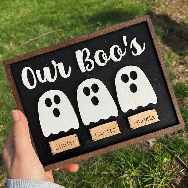 Custom Our Boo's Family Farmhouse Wood Sign Halloween Decor