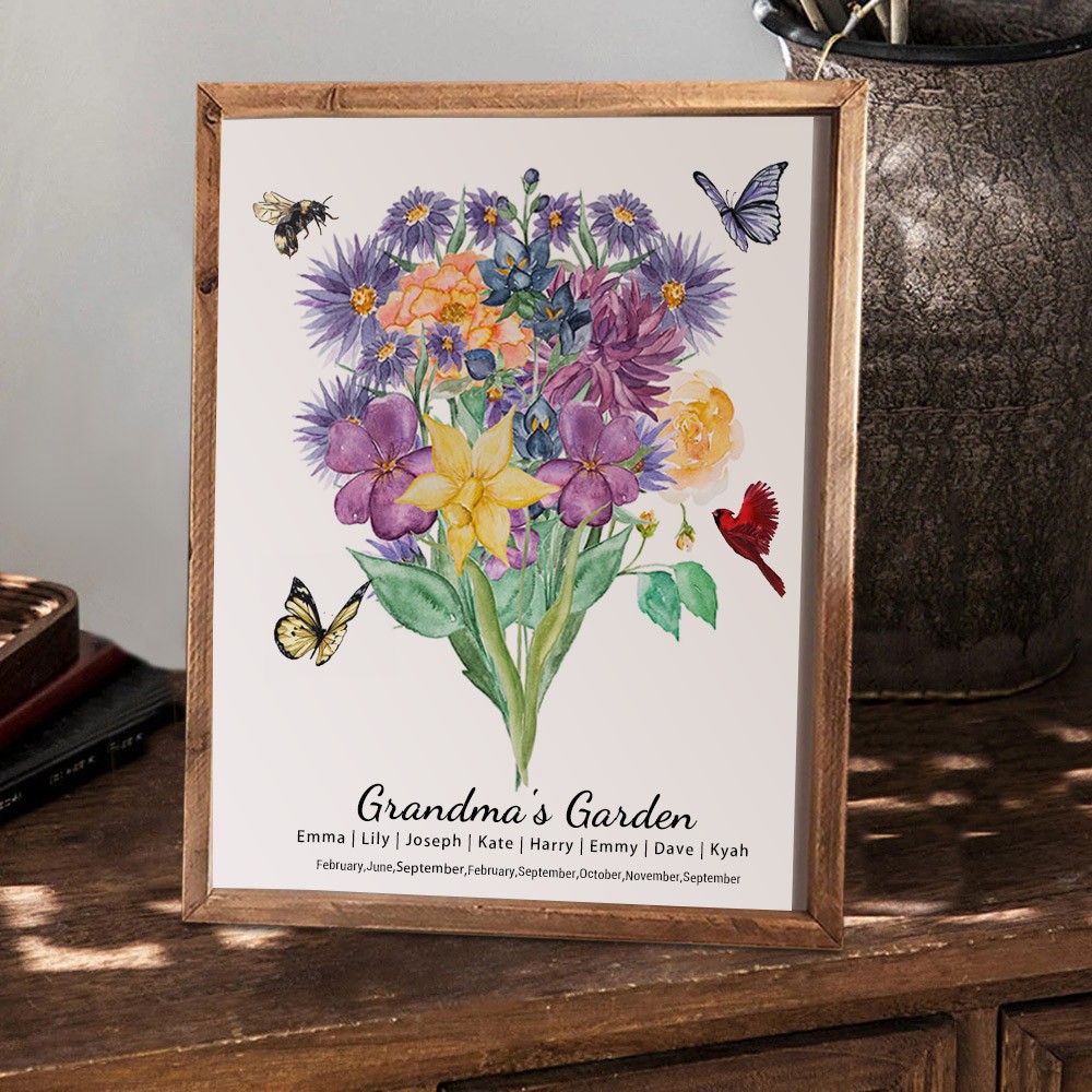 Custom Grandma's Garden Birth Flower Family Bouquet Wood Sign Art With Grandkids Name For Christmas Day