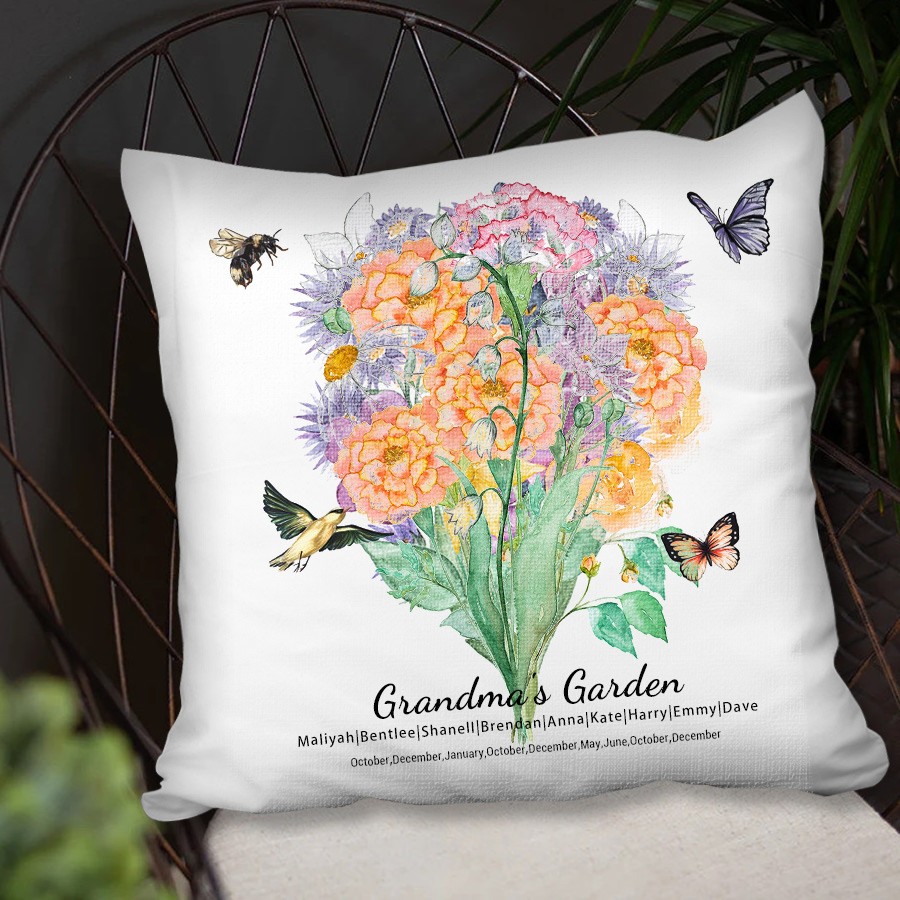 Custom Grandma's Garden Birth Flower Family Bouquet Pillow With Grandkids Name For Christmas Mother's Day