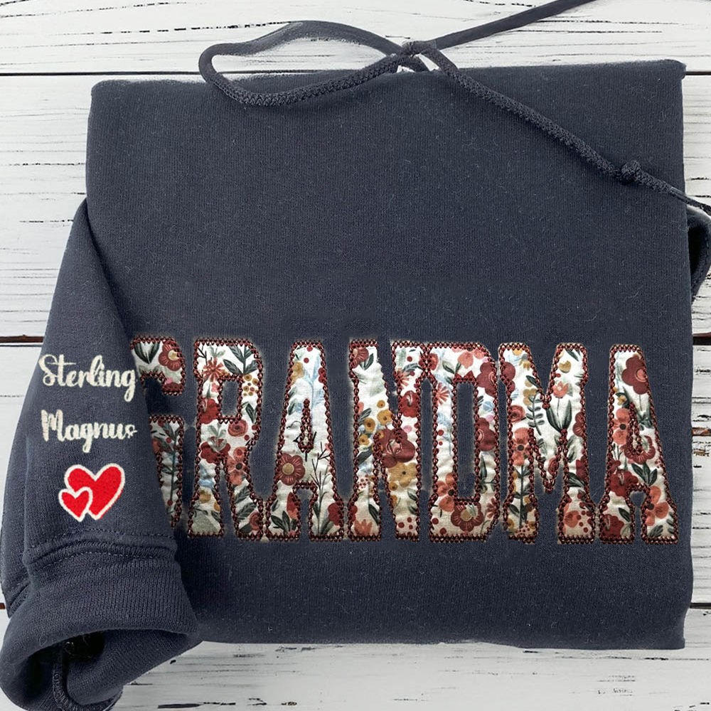 Custom Floral Grandma Embroidered Sweatshirt With Grandchildren Name On Sleeve For Mom Grandma Christmas Gift