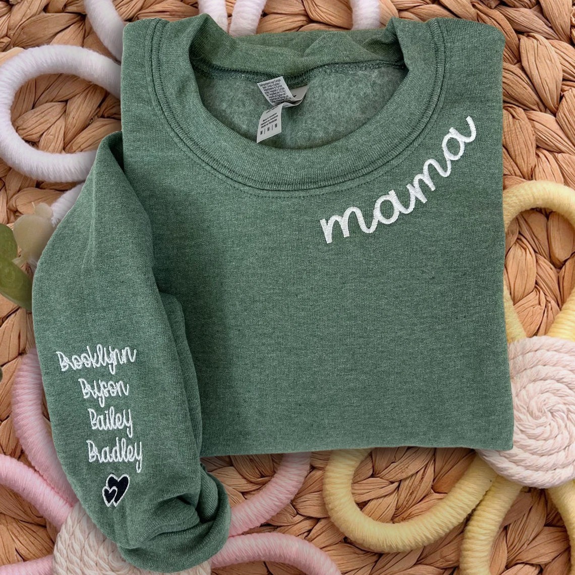 Custom Embroidered MAMA Sweatshirt With Kids Name On Sleeve For Mom Grandma Christmas Gift