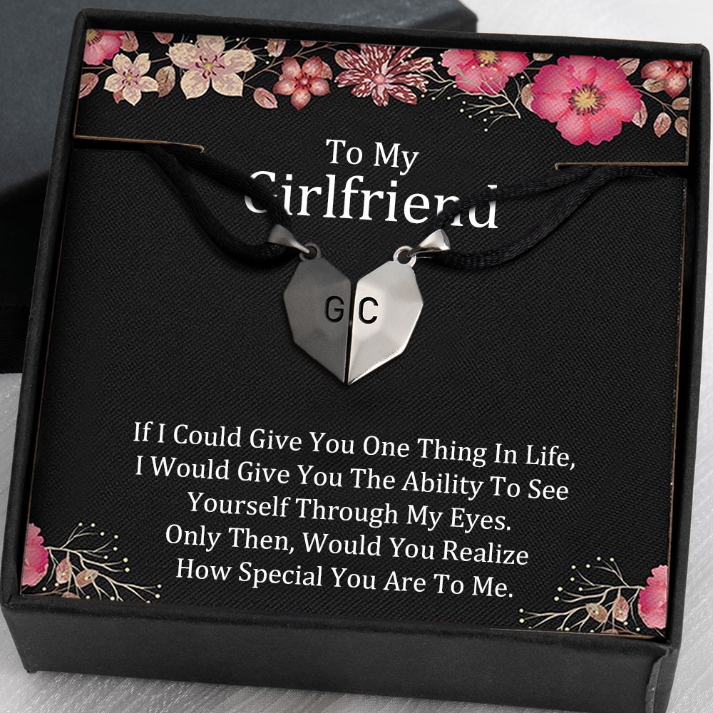 To My Girlfriend 2 Pieces Personalized Magnetic Heart-Shaped Necklace For Valentine's Day Anniversary