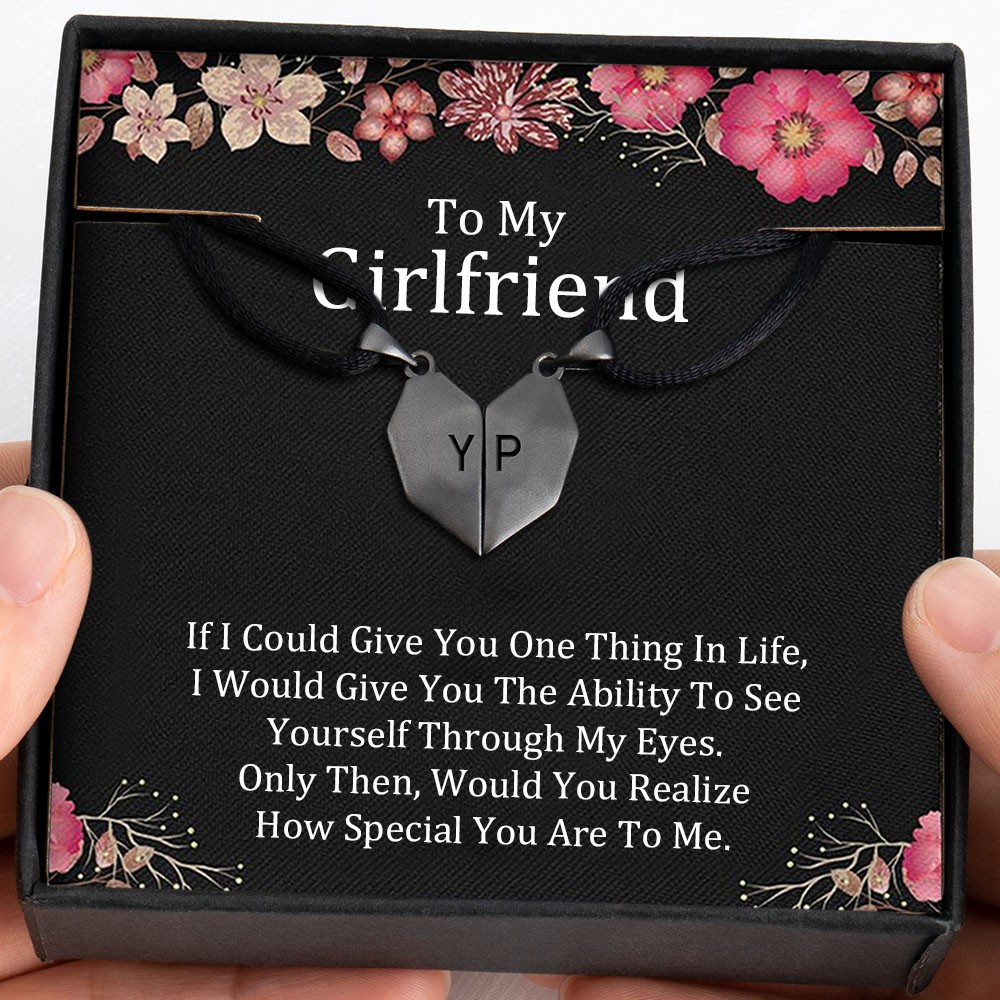 To My Girlfriend 2 Pieces Personalized Magnetic Heart-Shaped Necklace For Valentine's Day