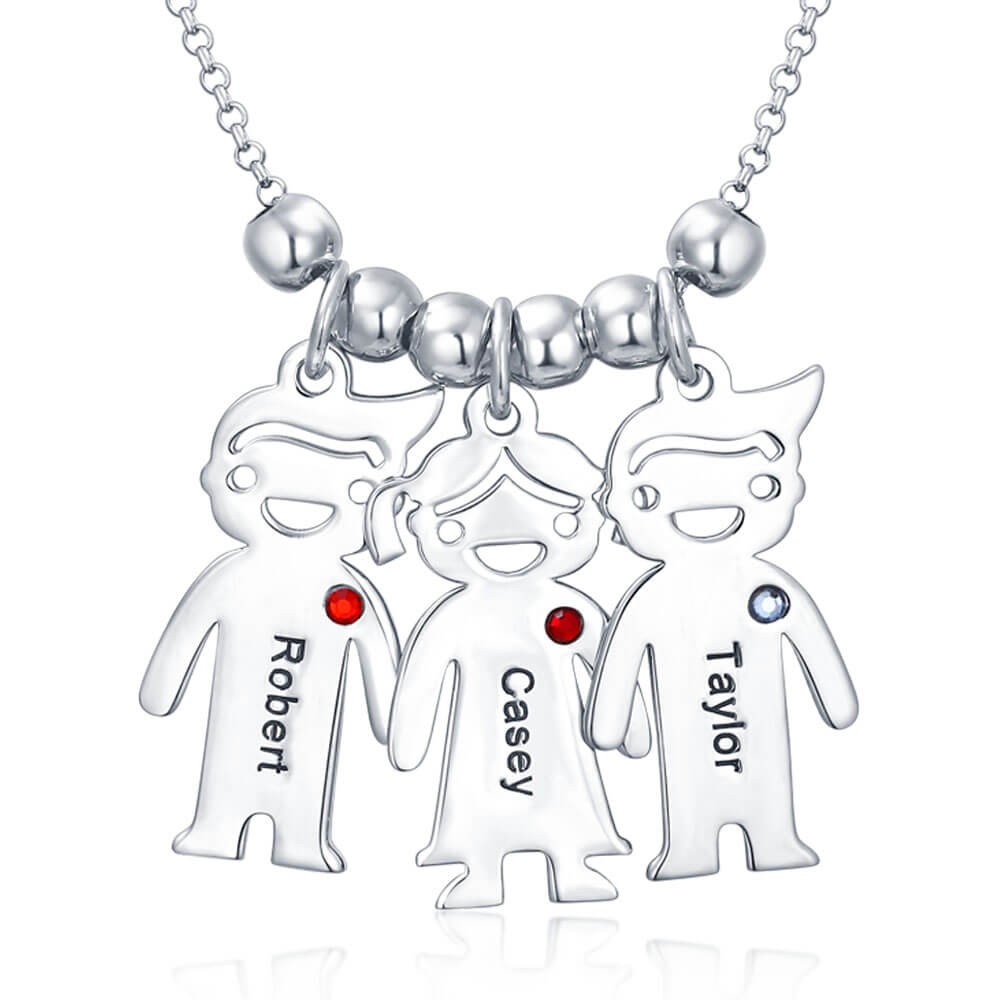 Silver Personalised Family 1-10 Kids Charms Name Engraved Necklace With Birthstone