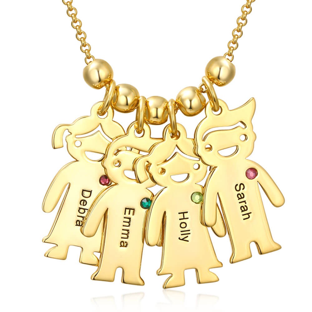 Personalised Family 1-10 Kids Charms Name Engraved Necklace With Birthstone