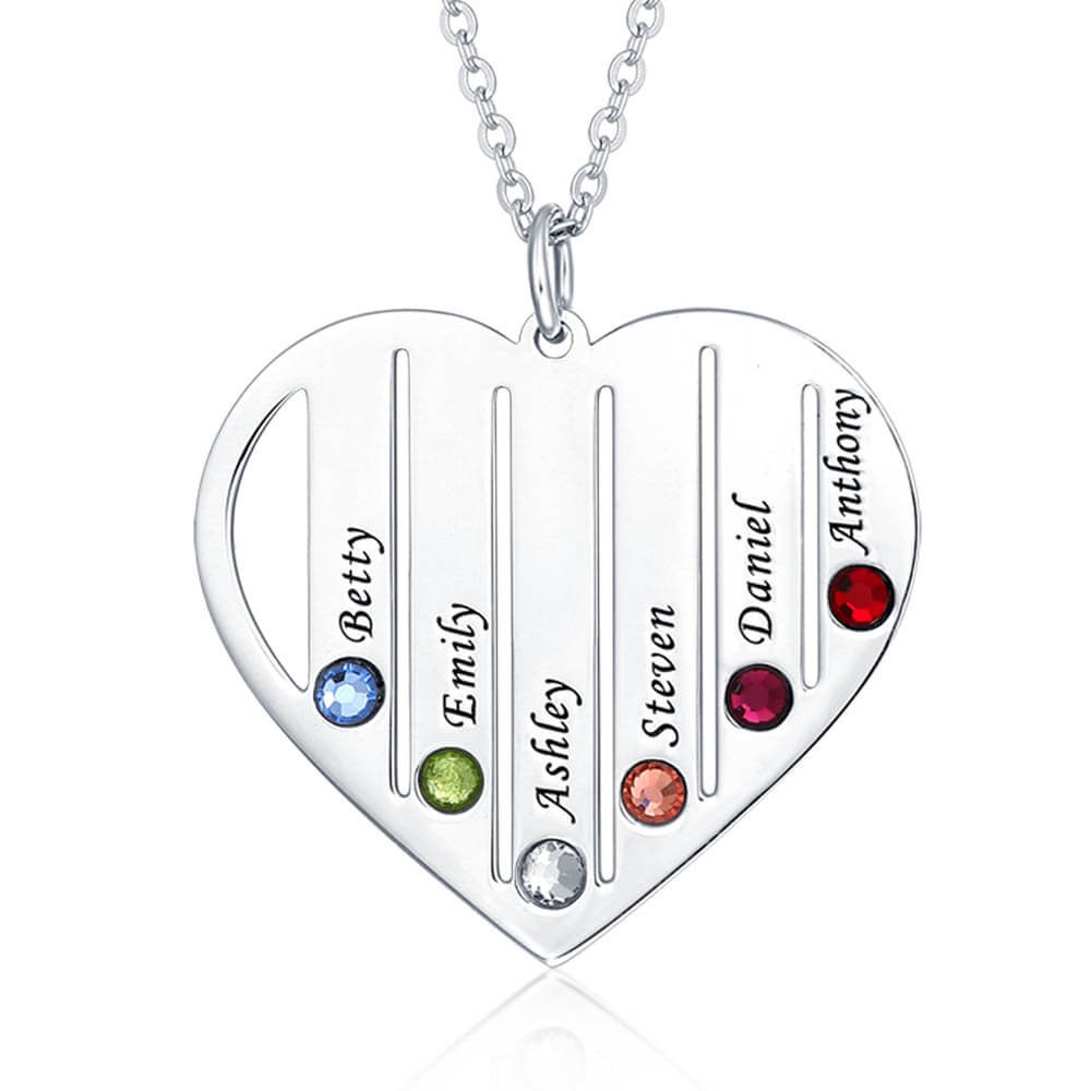 Silver Personalised Family Engraved 1-7 Birthstones and Name Necklace