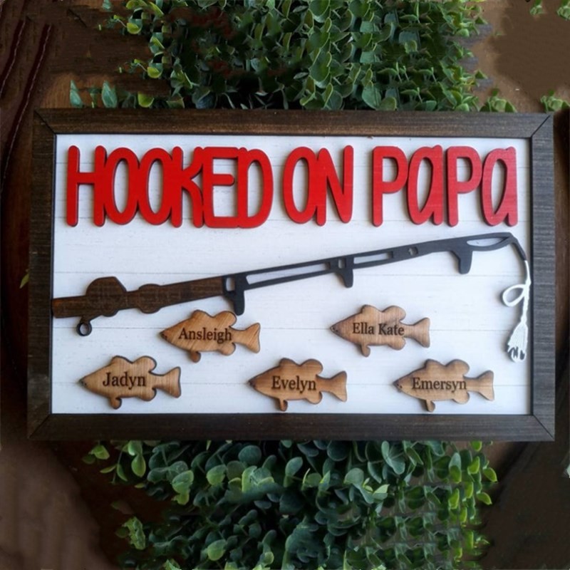 Hooked on Papa Dad Grandpa Personalised 1-10 Names Engraved Fishing Trip Gift For Him