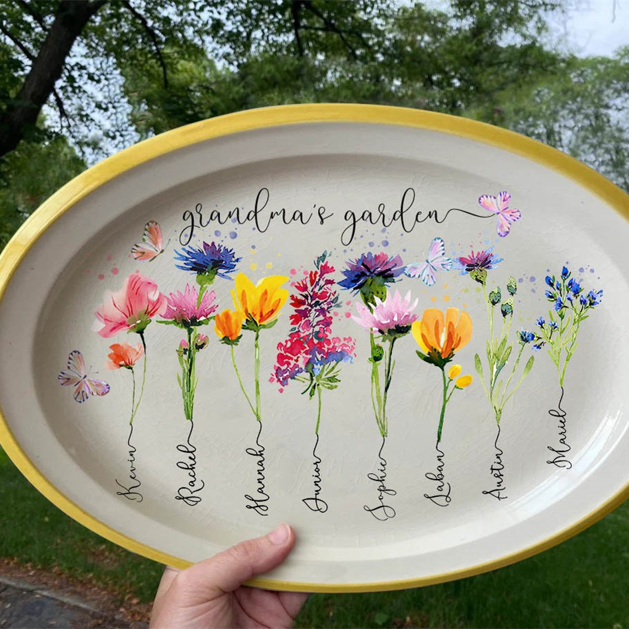 Personalized Grandma's Garden Birth Month Flower Platter With Grandchildren Name For Christmas Gift