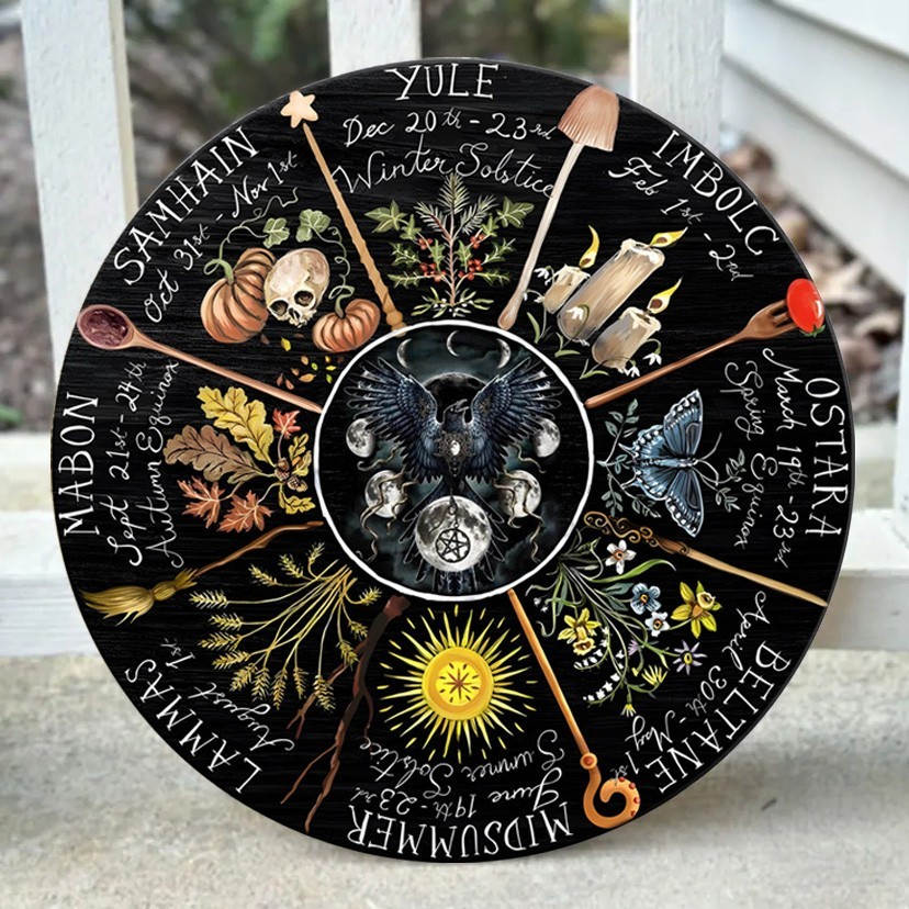 Wheel Of The Year Moon Phases Wooden Calendar Sign