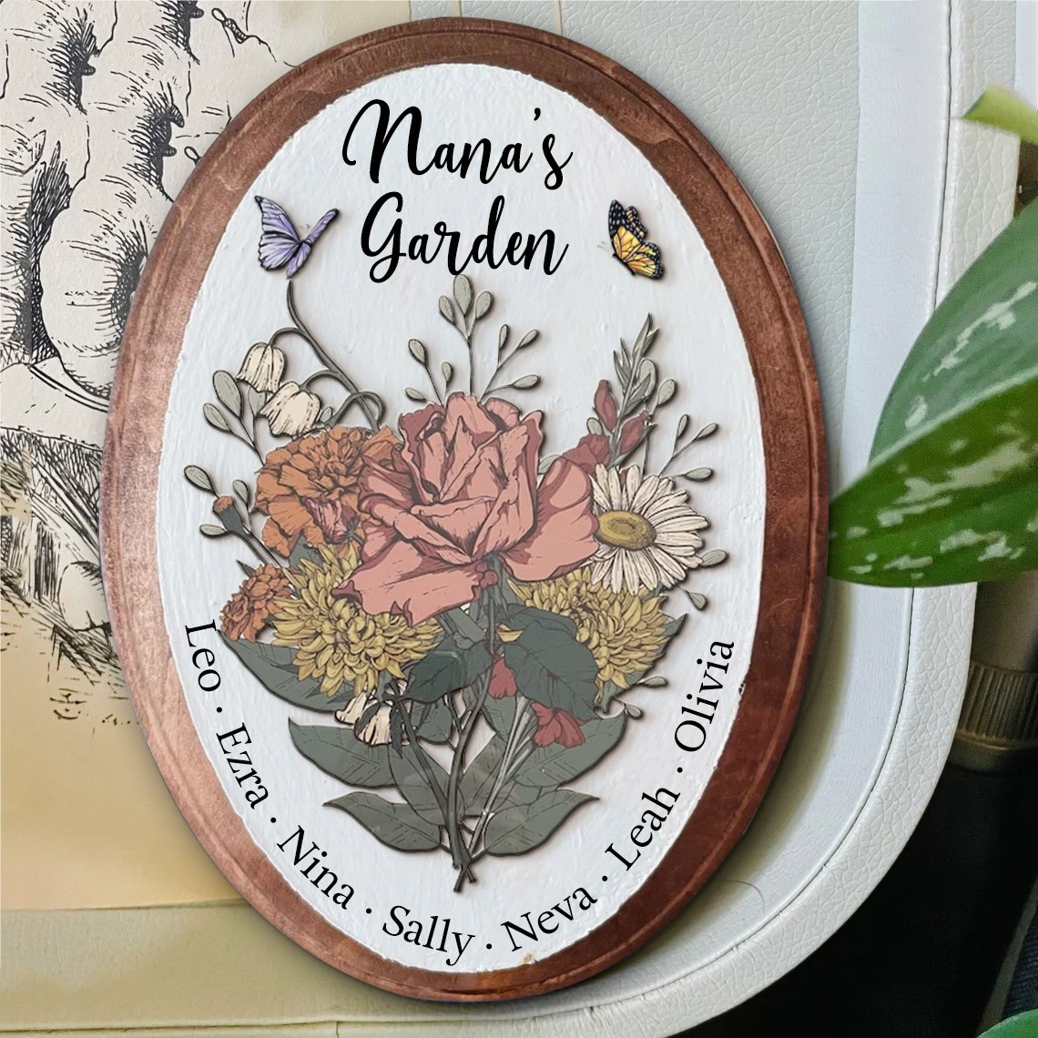 Custom Mom's Garden Birth Flower Bouquet Art Oval Wood Sign For Christmas Gift