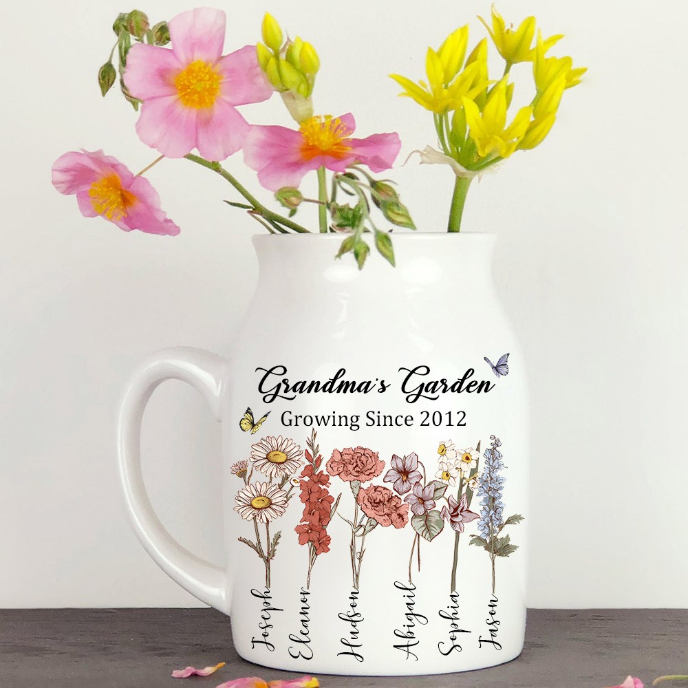 Custom Grandma's Garden Birth Flower Vase With Grandkids Name For Mother's Day Gift Ideas