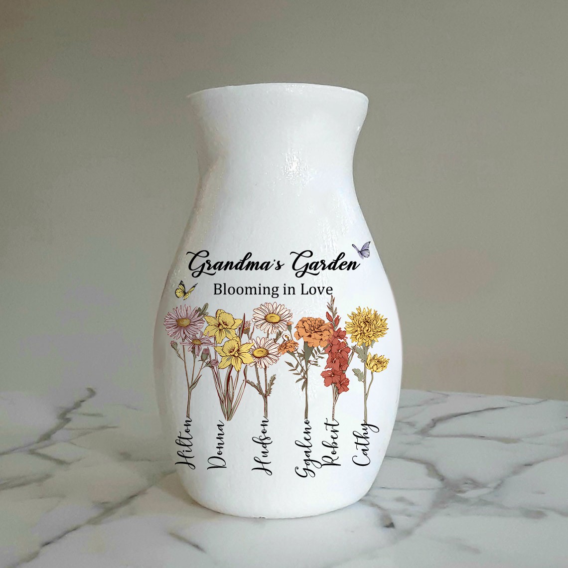 Custom Grandma's Garden Birth Flower Vase With Grandchildren Name For Mother's Day Gift Ideas