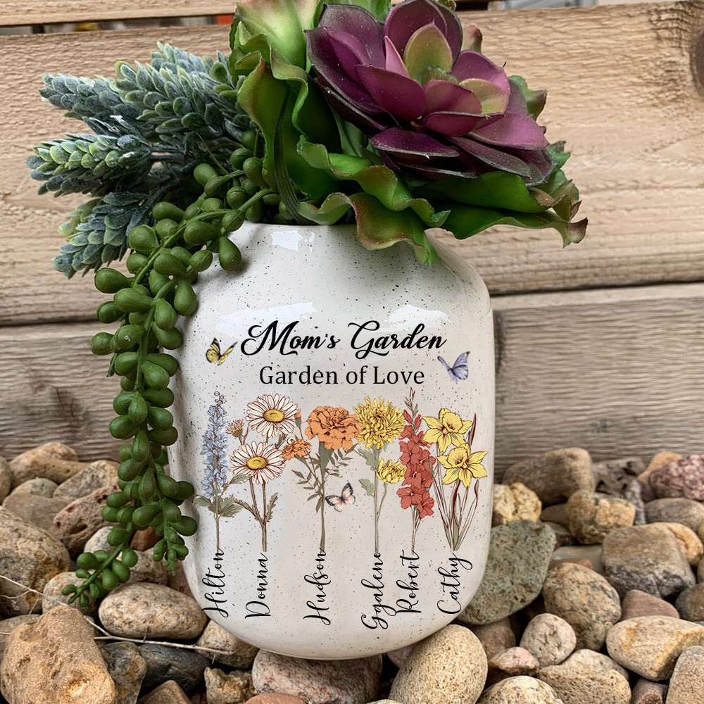 Custom Mum's Garden Birth Flower Vase With Children Name For Mother's Day Gift Ideas