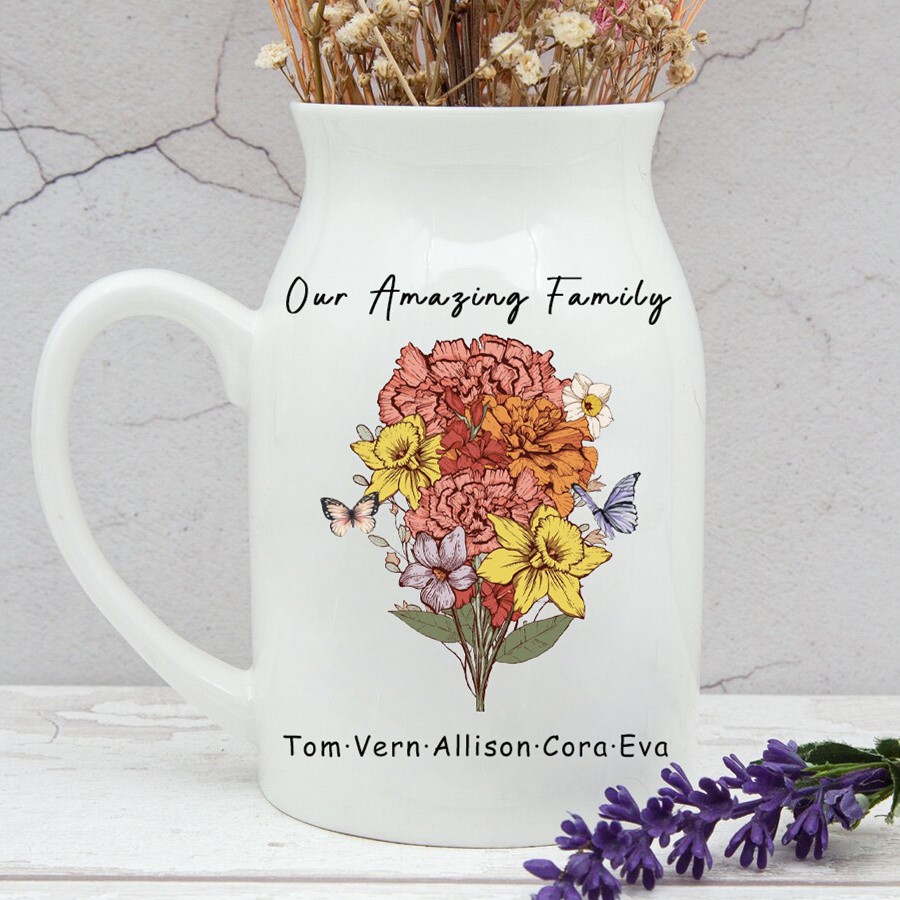 Custom Birth Flower Bouquet Art Vase For Mum Grandma Mother's Day Gift Ideas