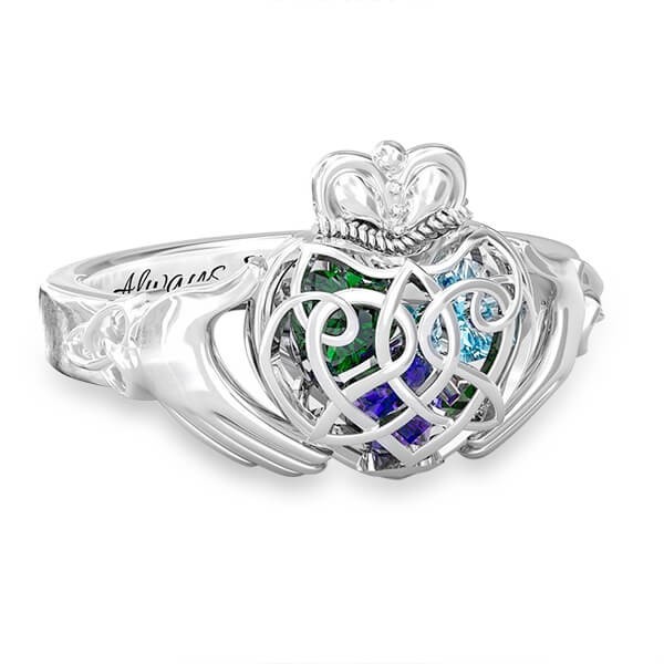 S925 Sterling Silver Personalised Caged Hearts Celtic Claddagh Ring with 1-6 Birthstones