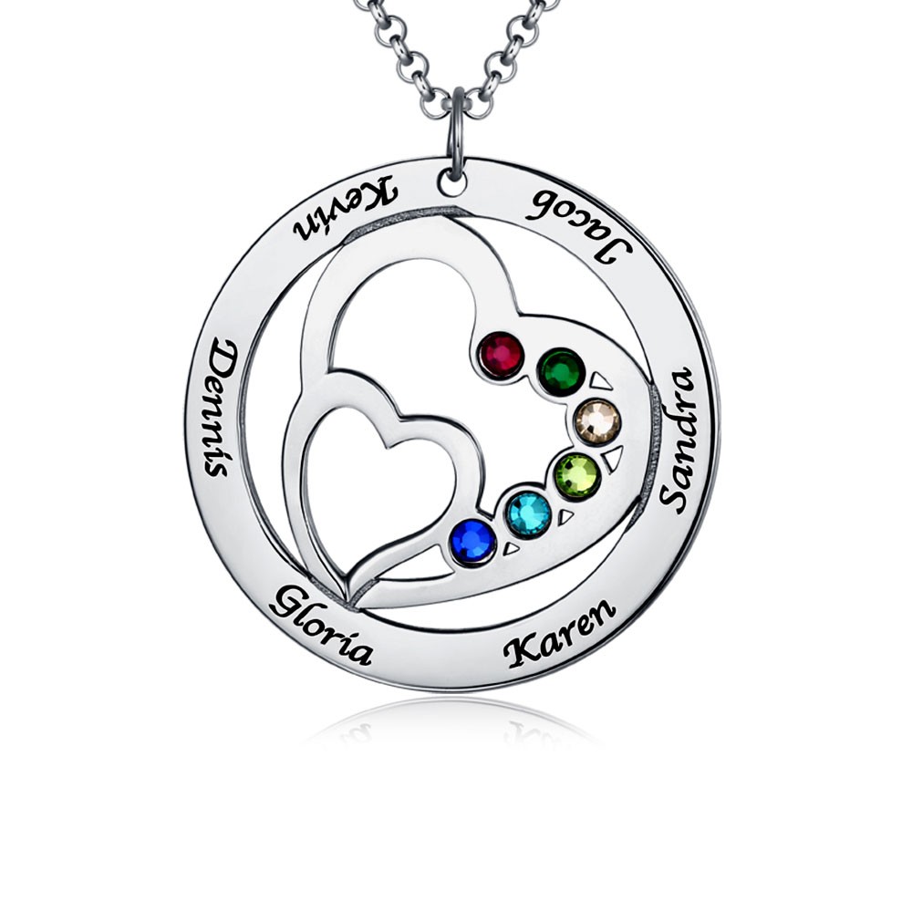 Silver Personalised Double Heart Name Necklace with 1-7 Birthstones and Names