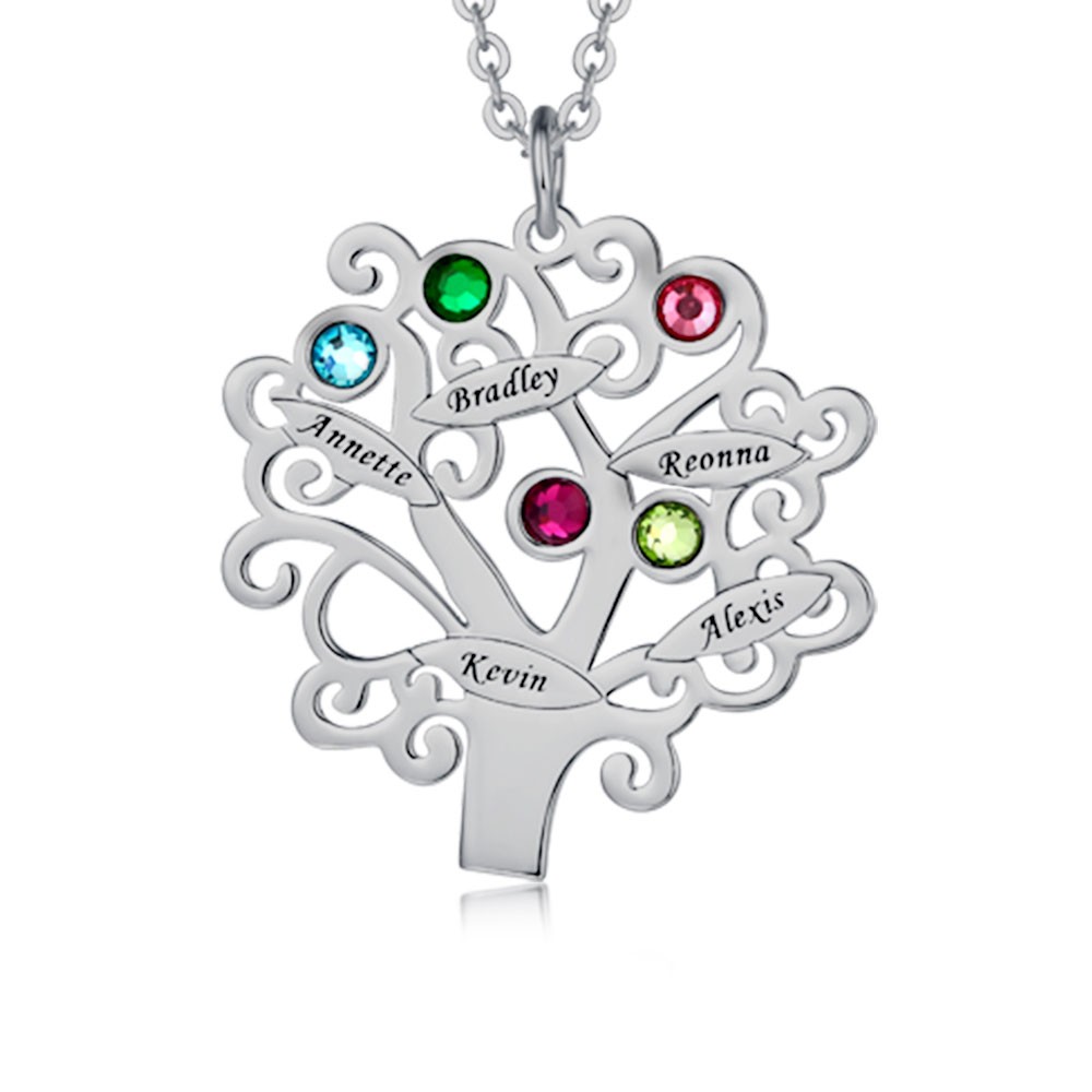 Personalised Tree-Design Family Necklace With 1-6 Names And Birthstones