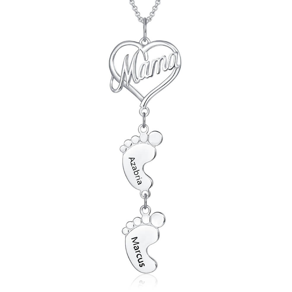 Silver Personalised Love MaMa Heart 1-10 Baby Feet Charms Name Necklace