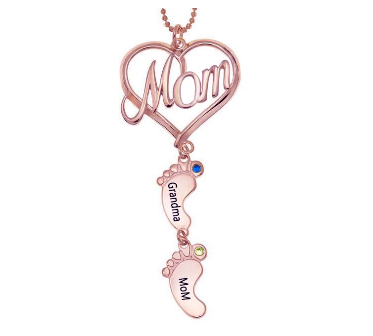 Personalized MOM Heart Baby Feet Pendant Birthstone Name Necklace with 1-10 Charms