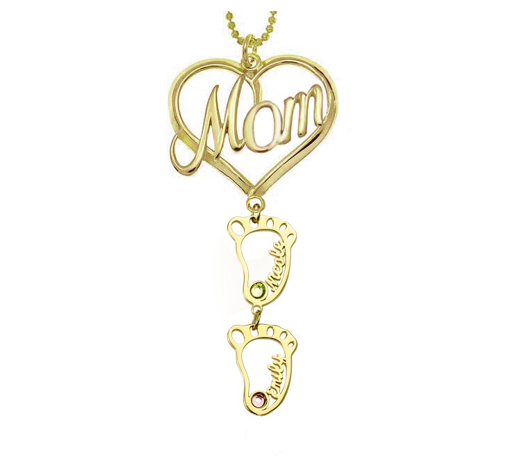 Personalised MOM Heart Pendant Birthstones Name Necklace with 1-10 Hollow BabyFeet Charms