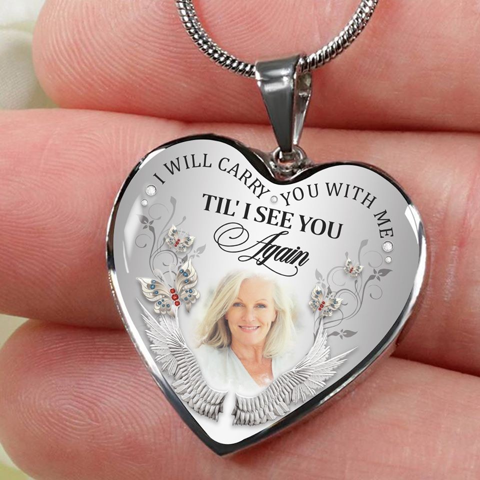 Personalised I Will Carry You With Me Til' I See You Again Memorial Heart Photo Necklace