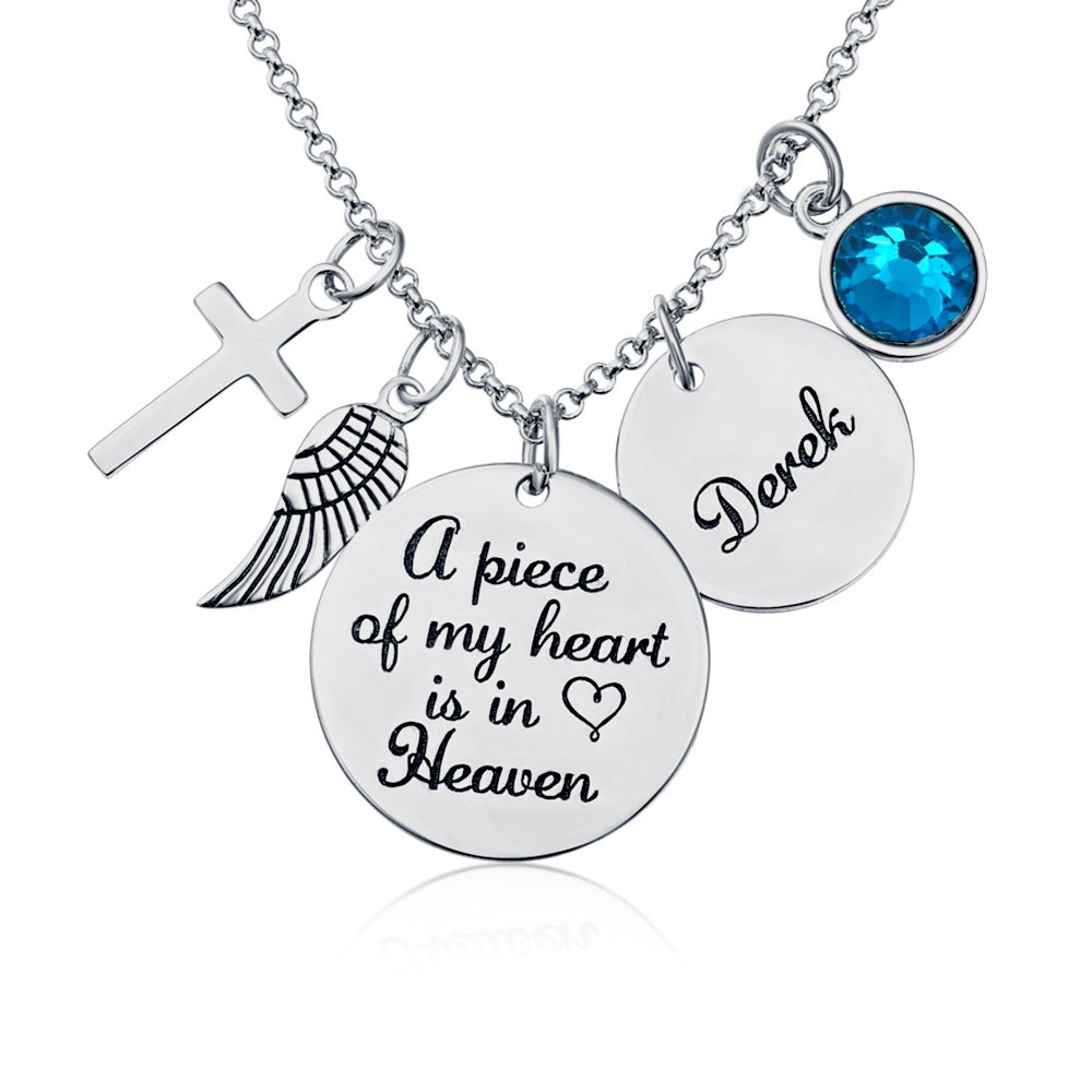 Personalised Engraved A Piece Of My Heart Is In Heaven Name Memorial Necklace With Birthstone