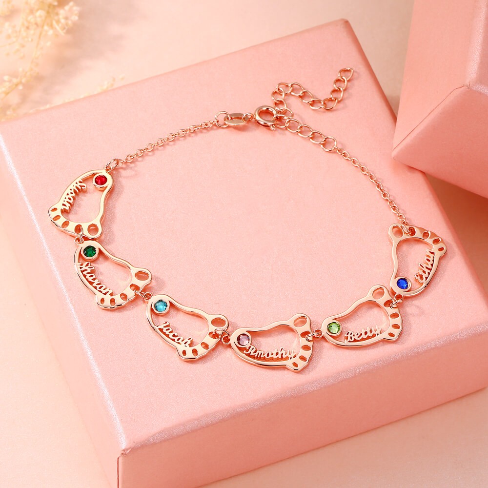 18K Rose Gold Plating Personalised 1-10 Baby Feet Name Bracelet With Birthstone