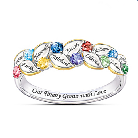 S925 Silver Personalised Heart Birthstone Ring Family Ring Gift With 1-9 Names