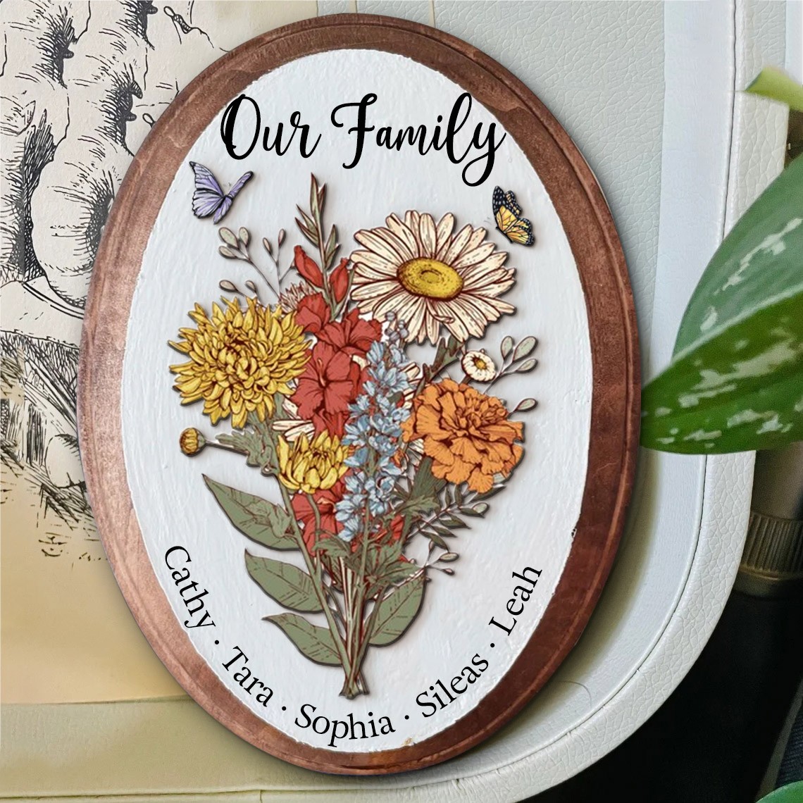 Custom Birth Flower Bouquet Art Oval Wood Sign For Family Mom Grandma Christmas Gift