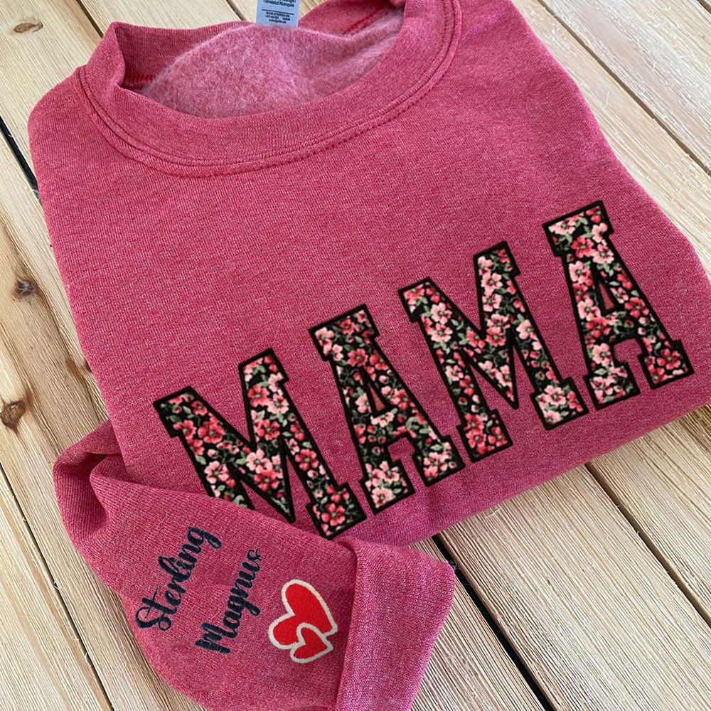 Custom Floral MAMA Embroidered Sweatshirt With Kids Name On Sleeve For Mom Grandma Christmas Gift