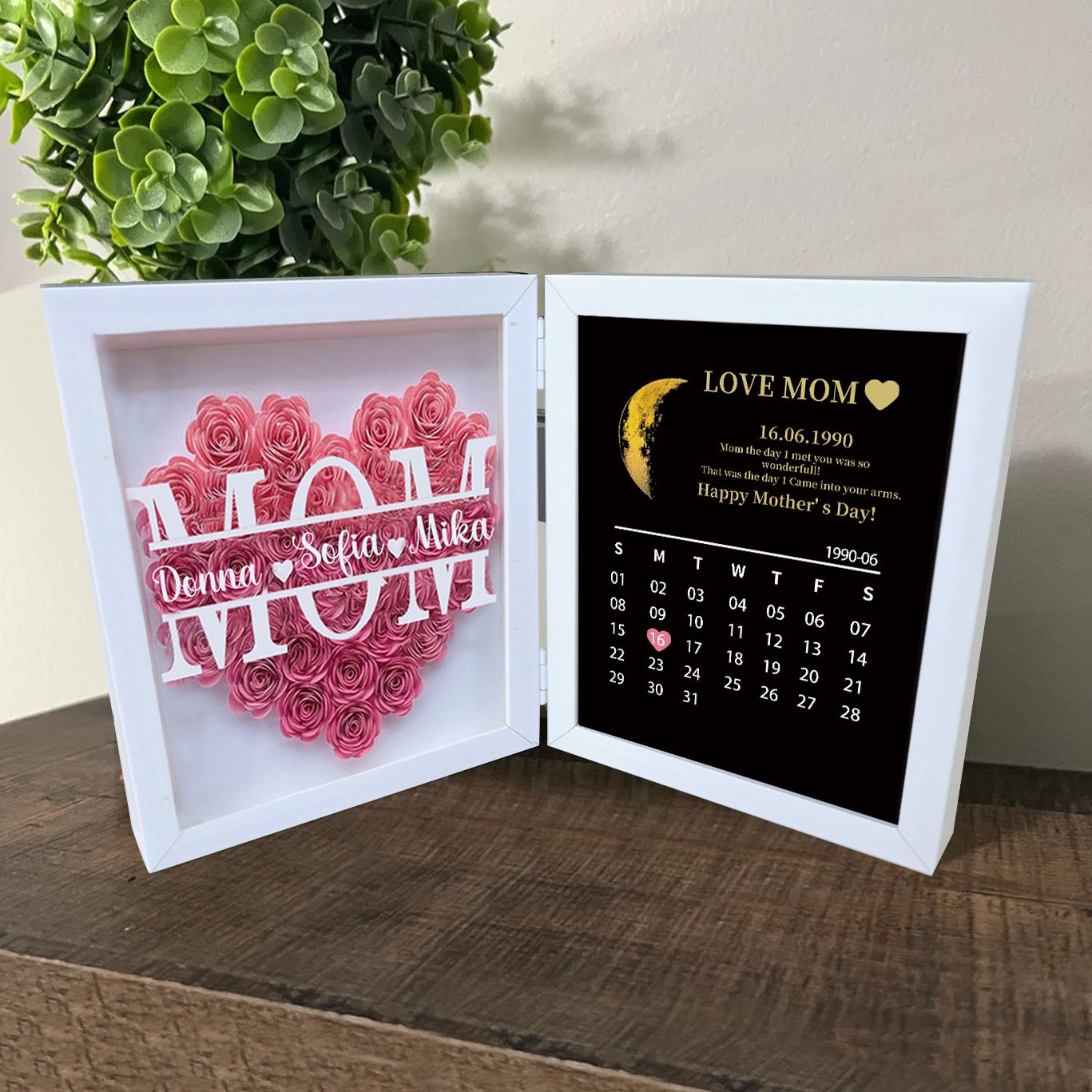 Personalized Flower Shadow Box Moon Phase Calendar with Names Gift for Mother's Day