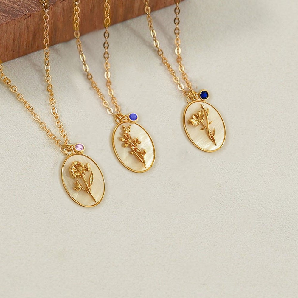 Personalized Dainty Birth Month Flower Mother Shell Gold Necklace With Birthstone For Mom