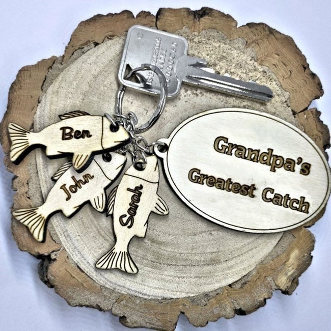 Father's Day Gift Personalised 1-10 Name Engraved Fishing Keychain Daddy Dad Grampa's Catch