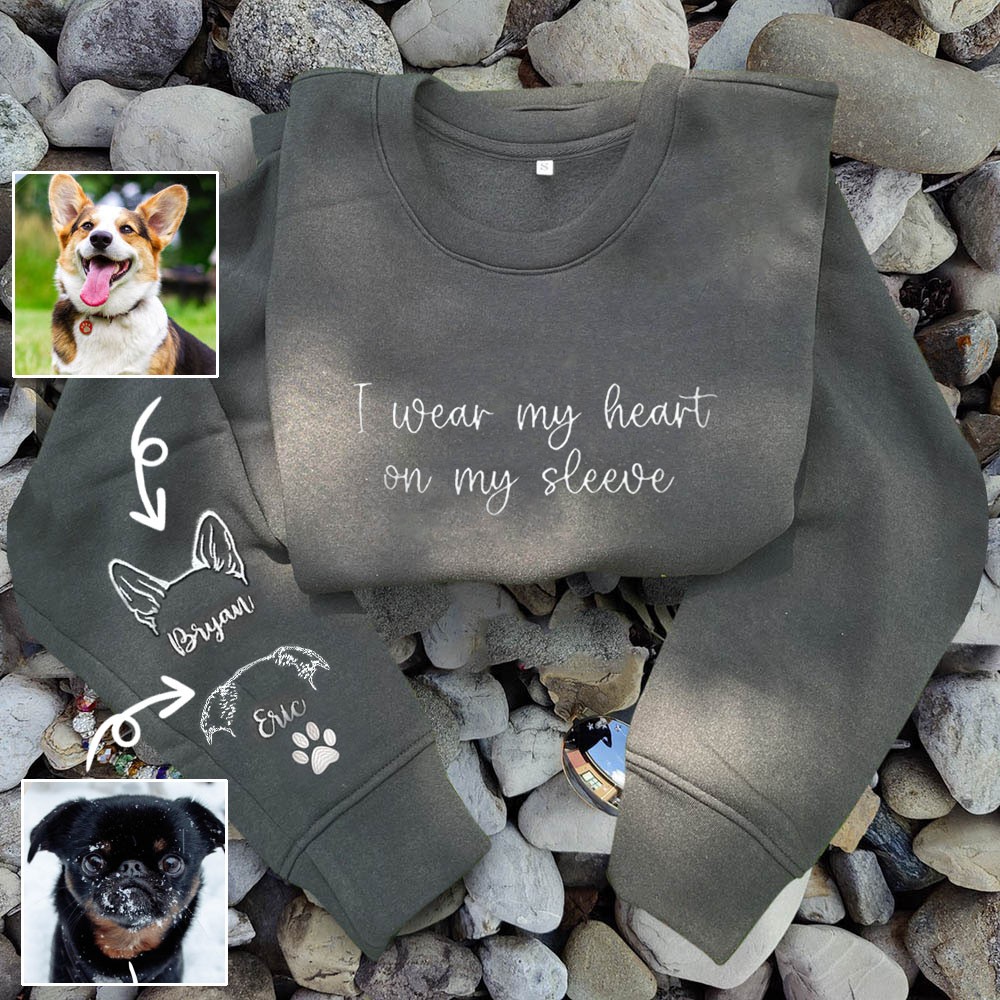 Custom I Wear My Heart On My Sleeve Embroidered Dog Cat Ear Outline Dark Gray Crewneck For Pet Lover