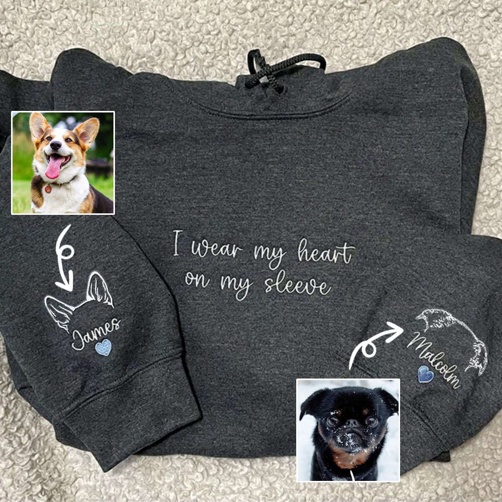 Custom I Wear My Heart On My Sleeve Embroidered Dog Cat Ear Outline Dark Gray Hoodie For Pet Lover