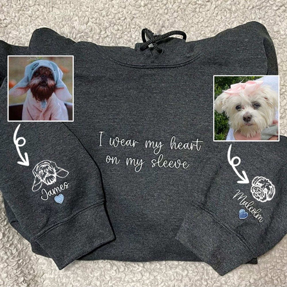 Custom I Wear My Heart On My Sleeve Embroidered Pet Portrait Dark Gray Hoodie For Pet Lover