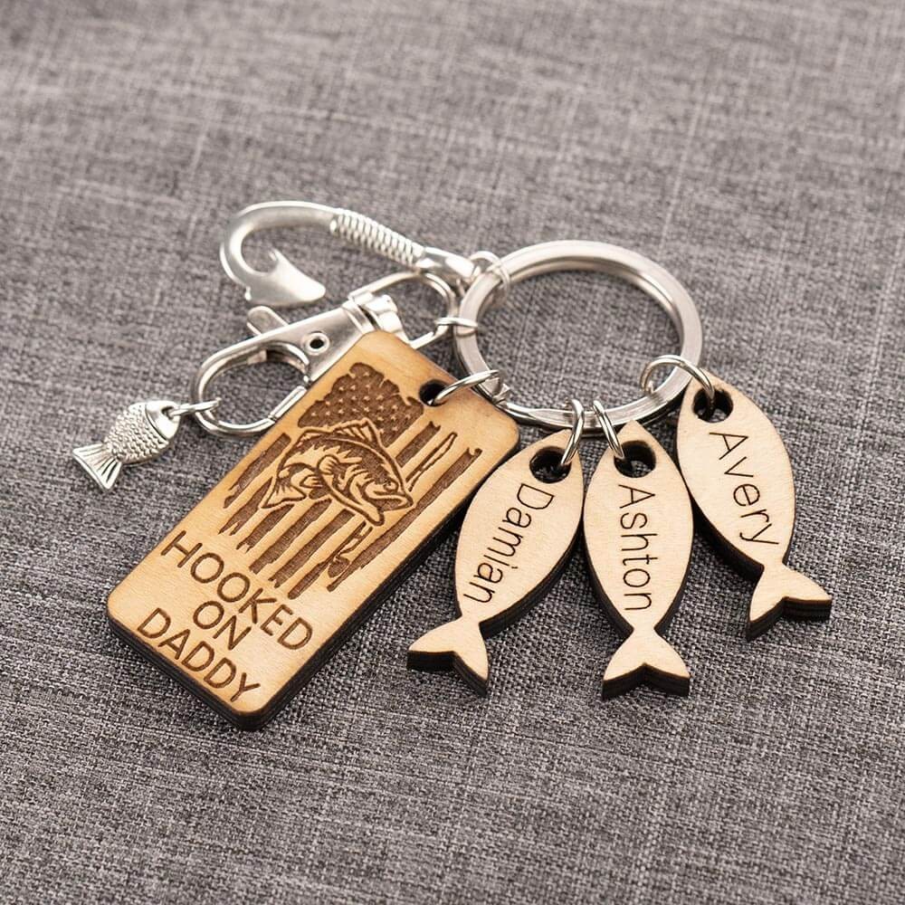 Father's Day Gift Personalised 1-10 Name Engraved Fishing Keychain Daddy Dad Grampa's Keepers