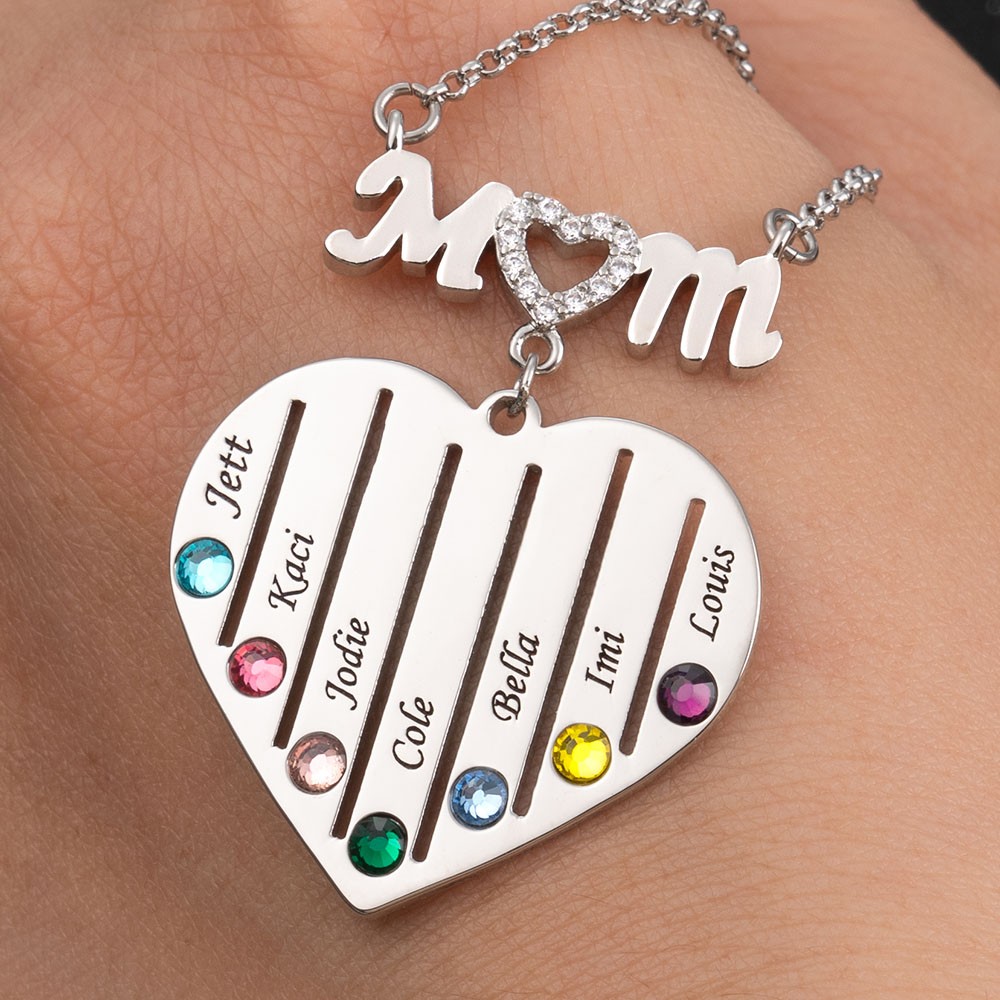 Custom Mum Heart Necklace With Kids Name and Birthstone For Mother's Day Christmas Birthday Gift Ideas