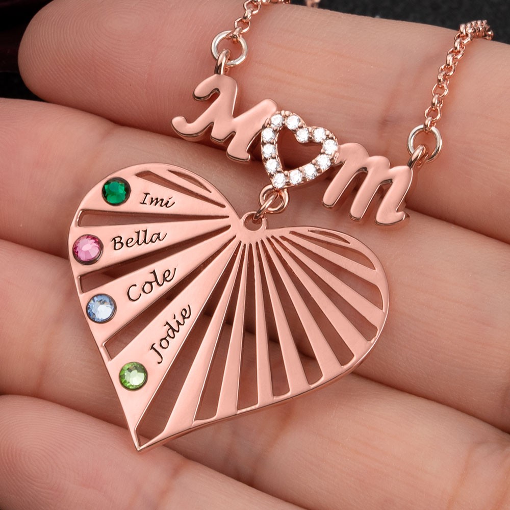 Custom Mum Heart Necklace With Kids Name and Birthstone For Mother's Day Christmas Birthday