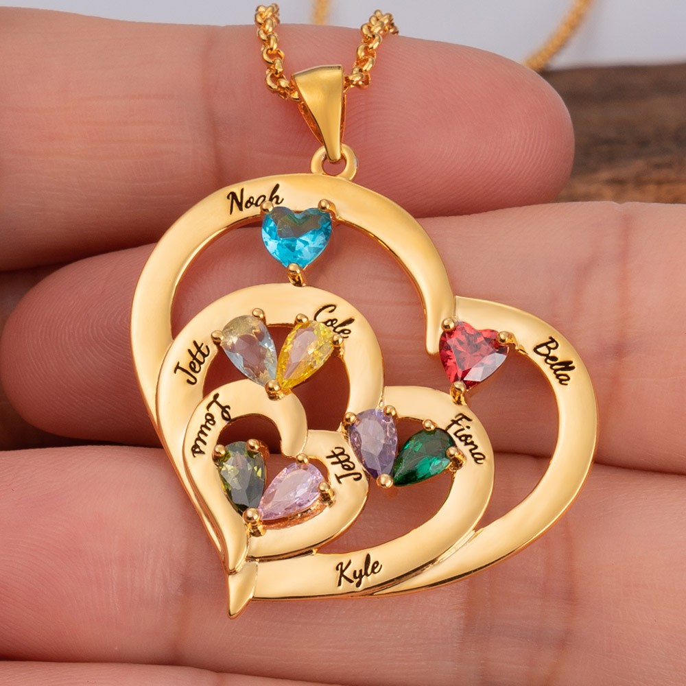 Custom Heart Necklace With 1-10 Name and Birthstones For Mum Grandma Christmas Gift Ideas