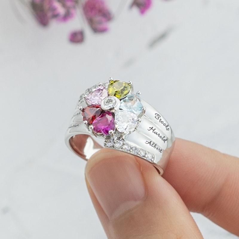 S925 Silver Personalised Engraved Heart-Shaped Birthstones Ring with 1-8 Names