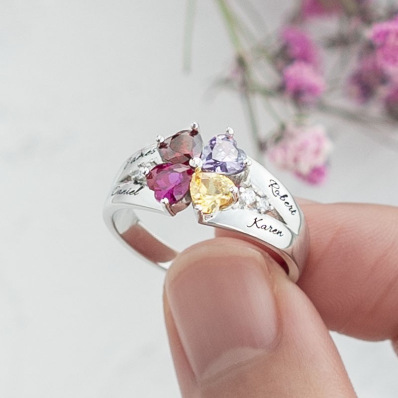 S925 Silver Personalised Engraved Heart-Shaped Birthstones Ring with 1-8 Names