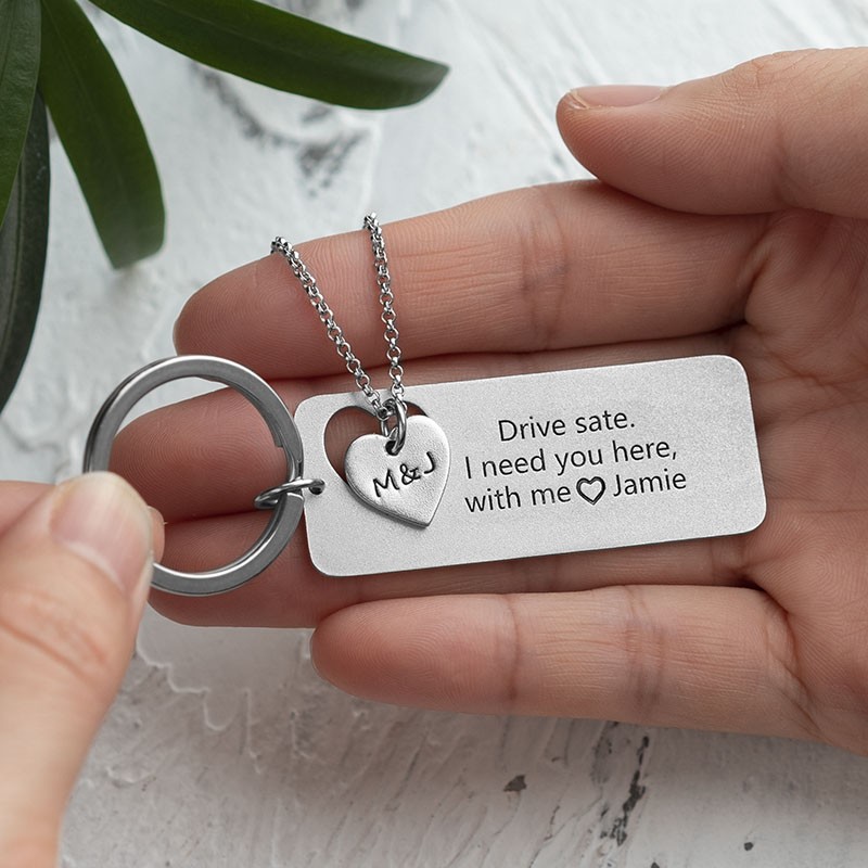 Drive Safe Personalised Necklace and Keychain Set For Couples Boyfriend 