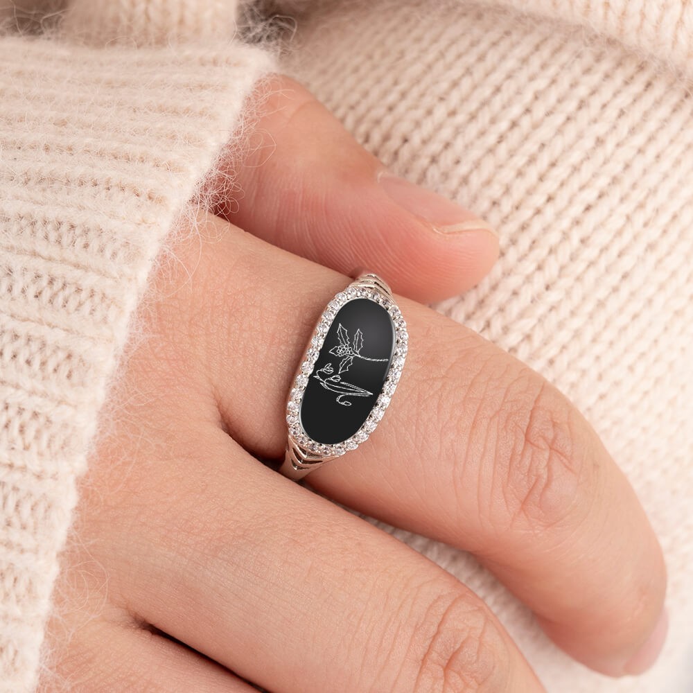 Personalized Birth Month Flower Ring Black Agate For Family Mom