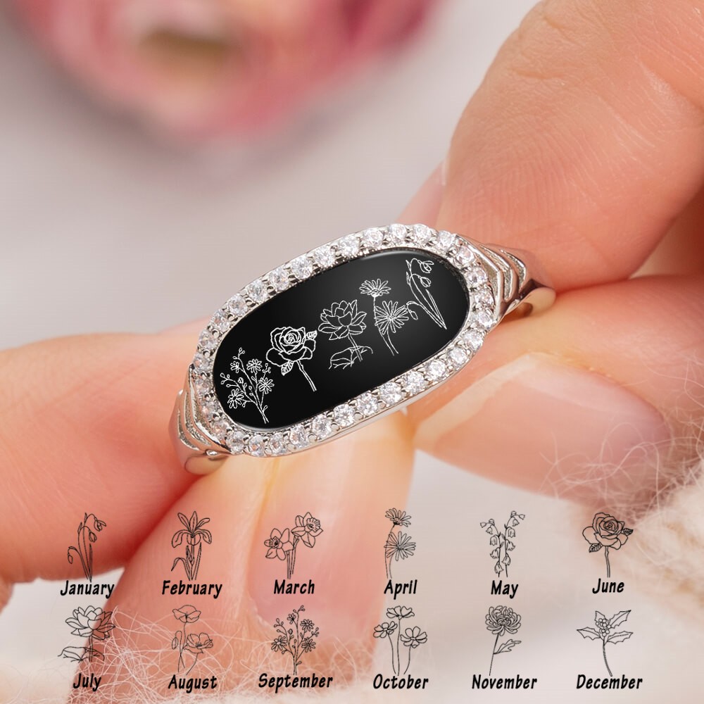 Personalized Birth Month Flower Ring Black Agate For Family Mom