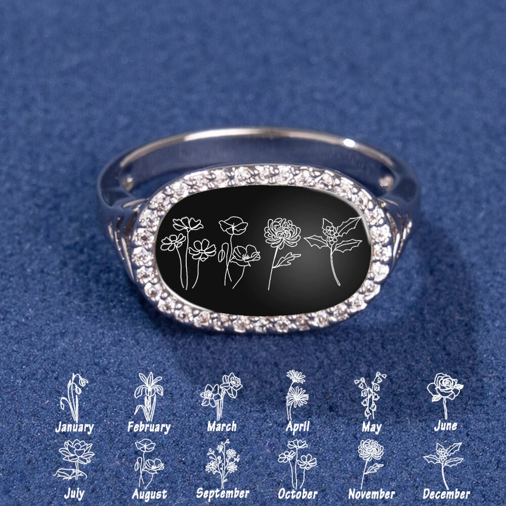 Personalized Birth Month Flower Ring Black Agate For Family Mom