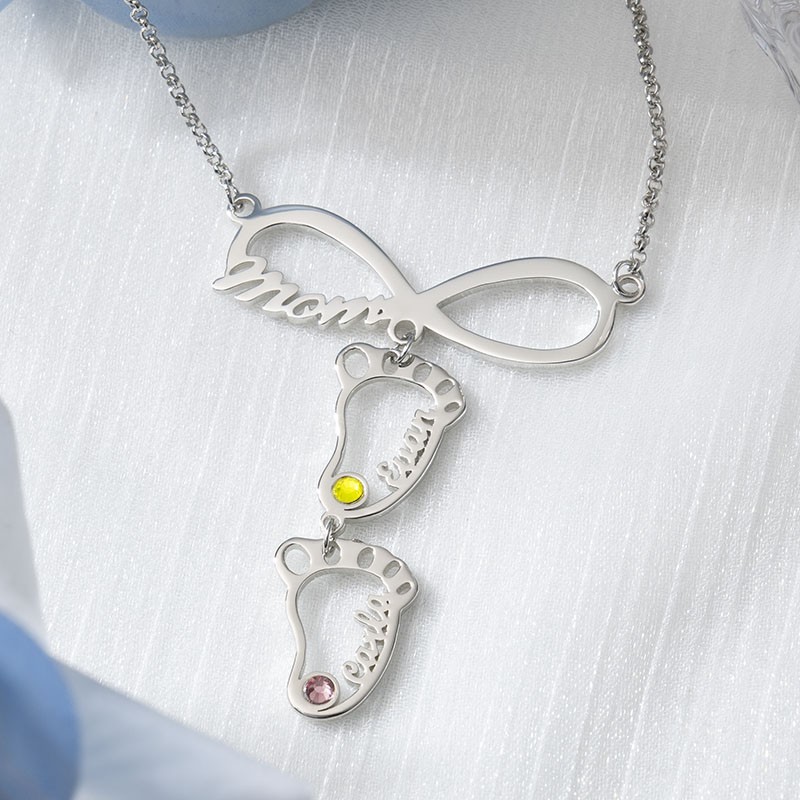 Personalised Infinity Mama Baby Feet Charms Name Necklace With Birthstone For Mum Christmas's Day